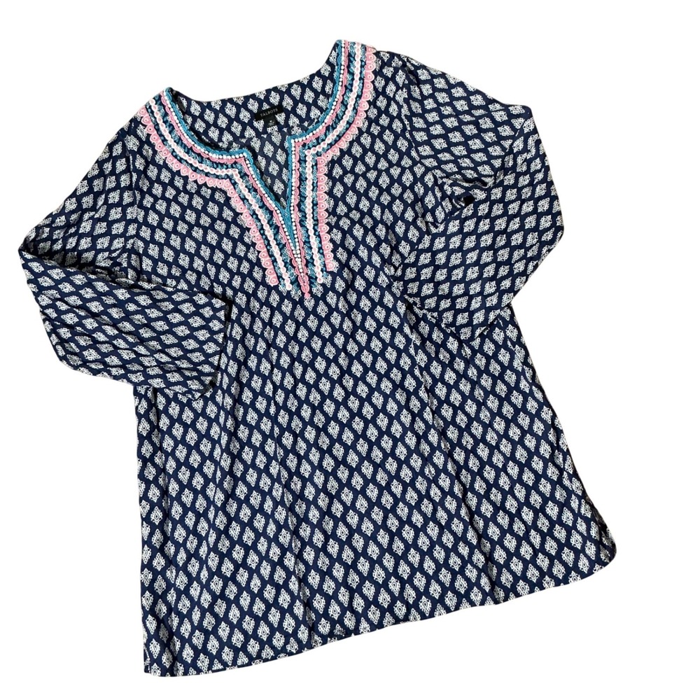 Talbots Womens Lagenlook Geometric Embroidered Split Neck Cotton Tunic Top M